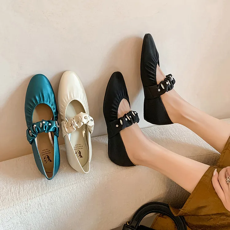 

Синие шелковые неглубокие женские туфли на плоской подошве с круглым носком, повседневные весенние эспадрильи с кристаллами и декором, одинарные белые мокасины, черные Sapatos Mujer