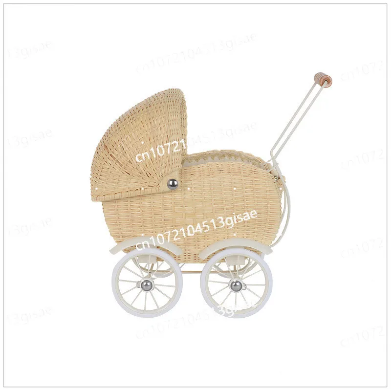 Rattan Hand-Pushed Walker Baby Hand-Held Walking Four-Wheel Toy Children's Room Decoration Photo Props