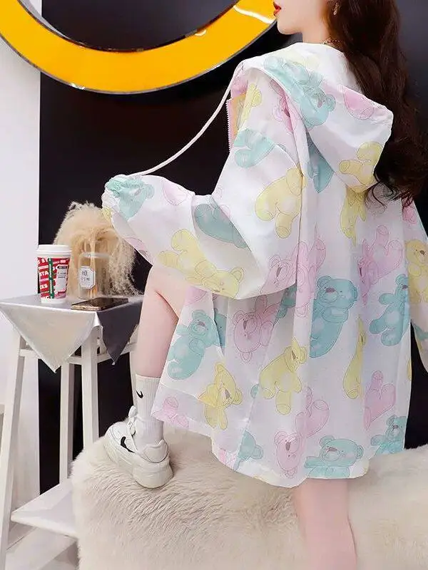 

plus Size 300 Pounds Cartoon Bear Hooded Lightweight Summer Outerwear Women's Mid-Length Cardigan Coat Breathable Commute Style