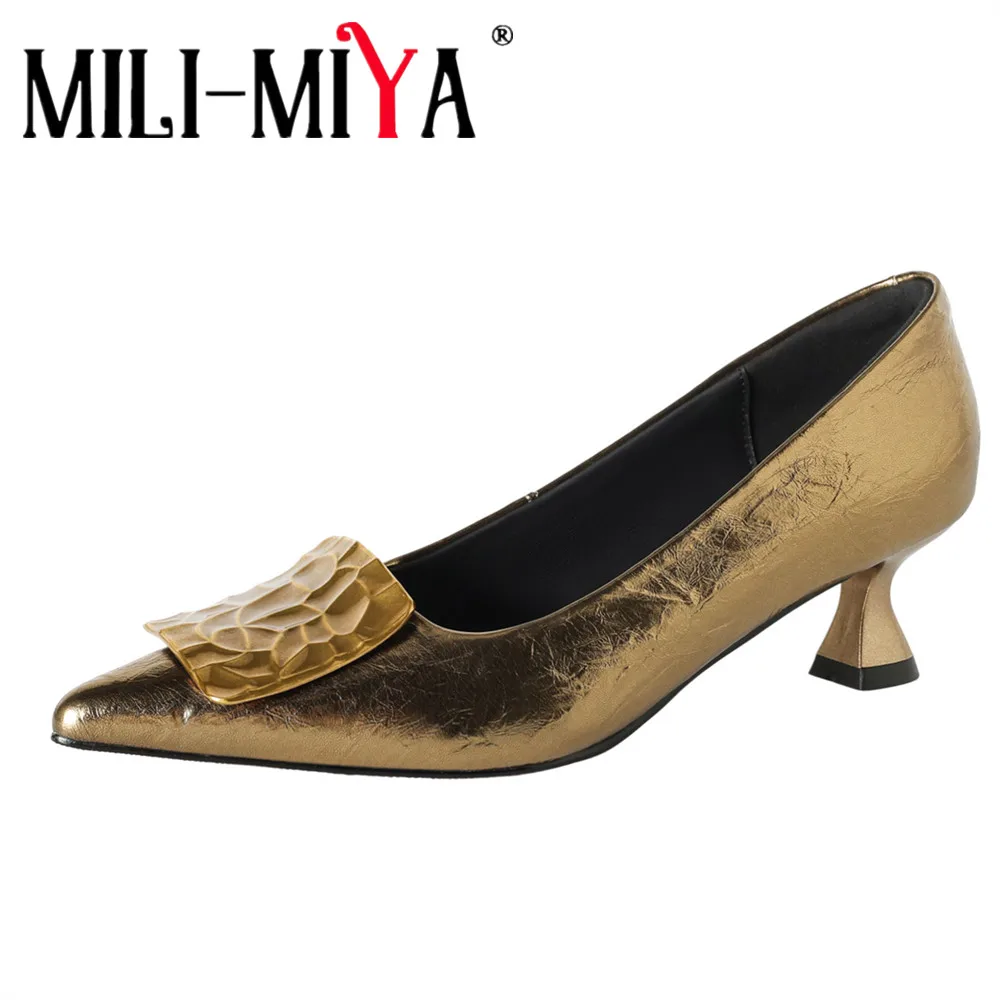 MILI-MIYA Women's Pointed-Toe Full-Sheepskin Pumps With Chunky Heels And Slip-On Design In Metallic Color Career&Office Shoes