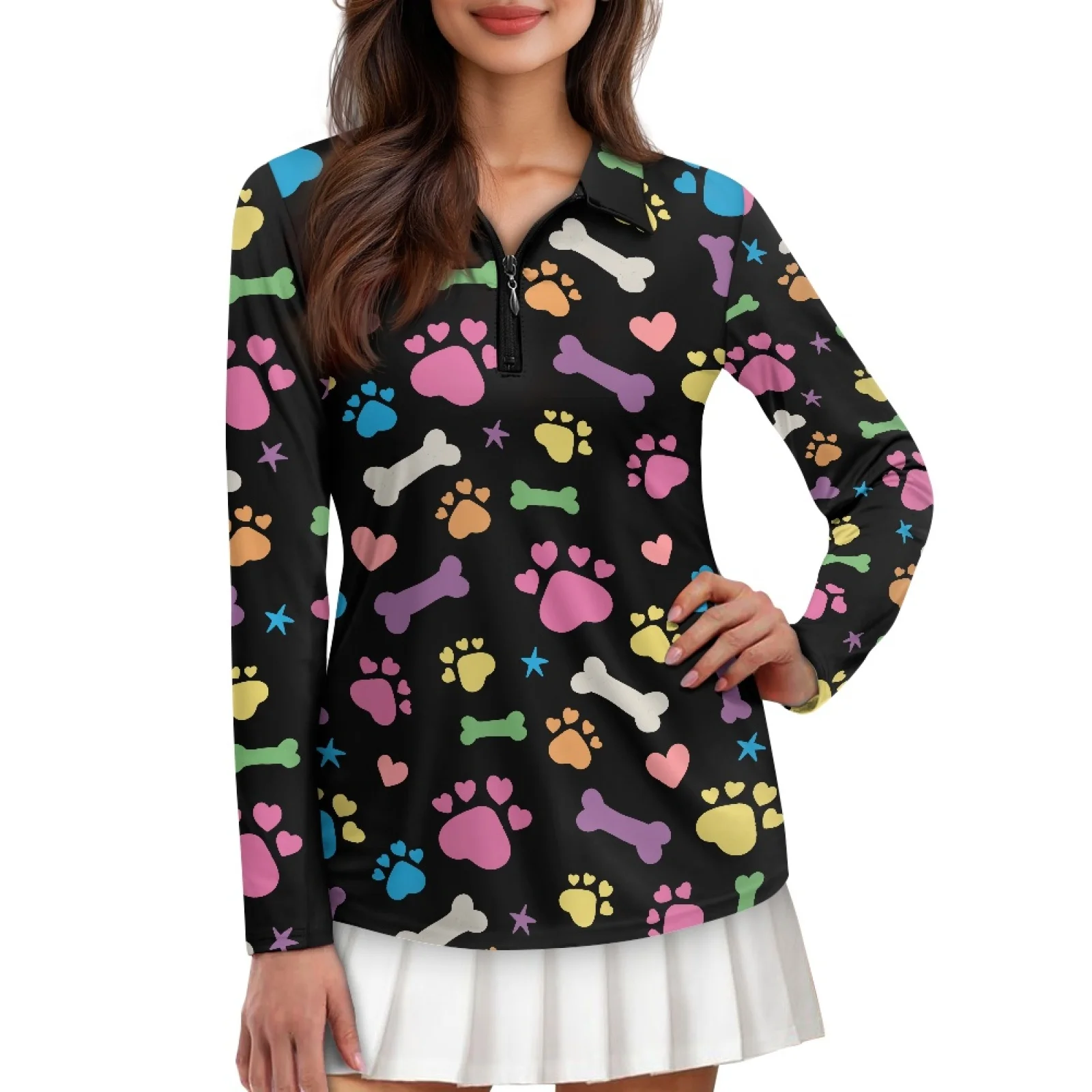 PENSTROLL Paw Print Fun Womens Athletic Fit Golf Shirts Quarter Zip Active Pullover for Tennis Court