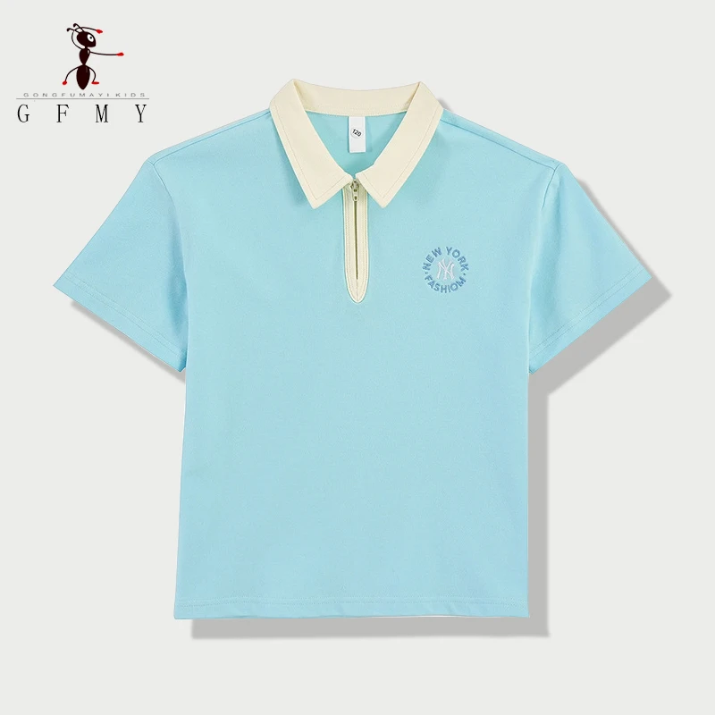 

Children's polo Shirt 2025 Summer Cotton New Loose Casual Half Zip Embroidered Letters Boy's T-shirt 4-16T School Uniform POLO