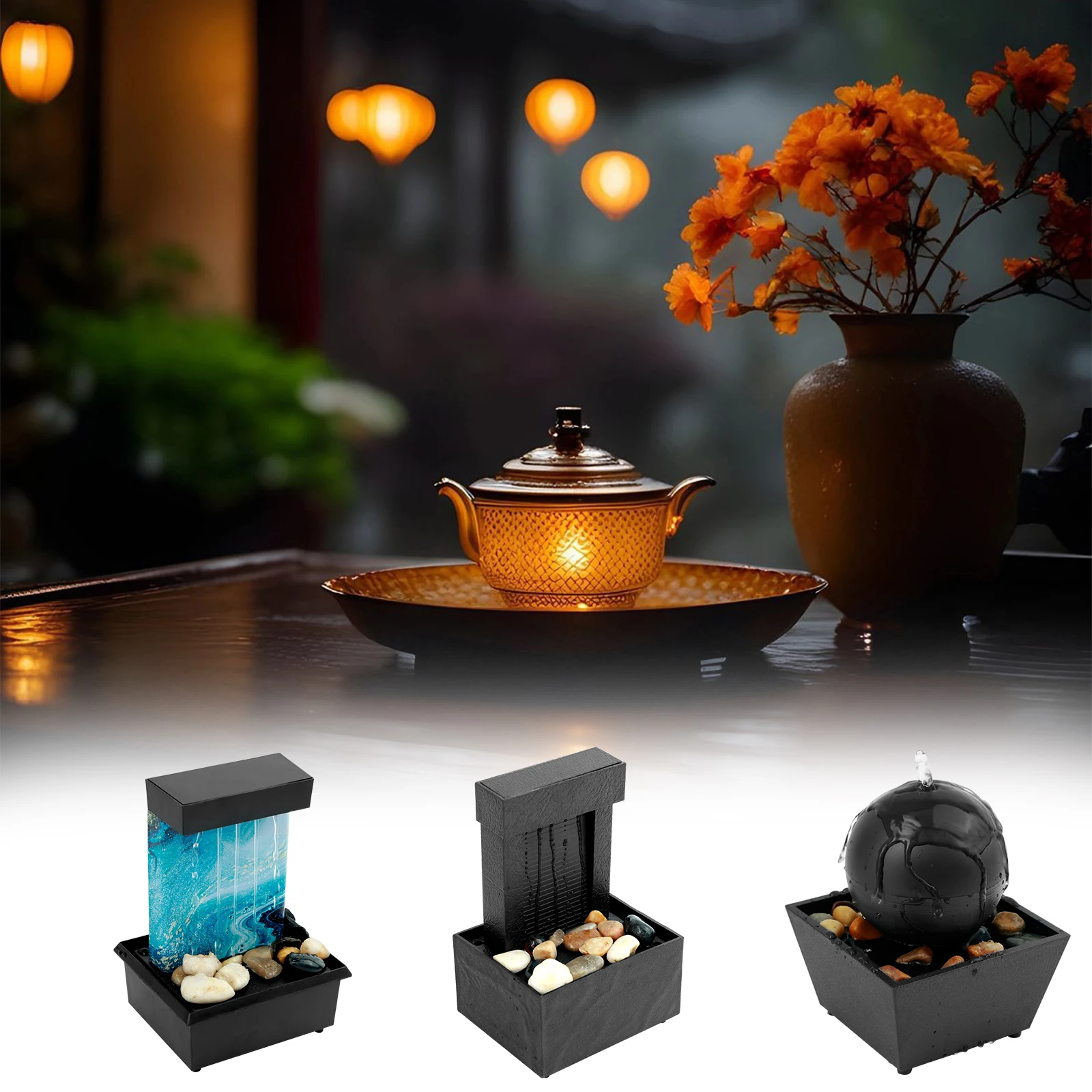 Tabletop Fountain with Light Battery/USB Operated Mini Indoor Water Fountain Feature Zen Meditation Fountain Decor Sound