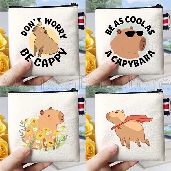 Cute Cartoon Capybara Travel Canvas Coin Purse Bag Portable Lipstick Travel Small Square Bag Key Storage Card Bag Wallet Pouch