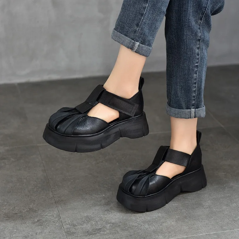 

Birkuir Retro Closed Toe Platform Sandals For Women Thick Heel Sandals Hook Loop Hollow Out Genuine Leather Flat Heel Slides