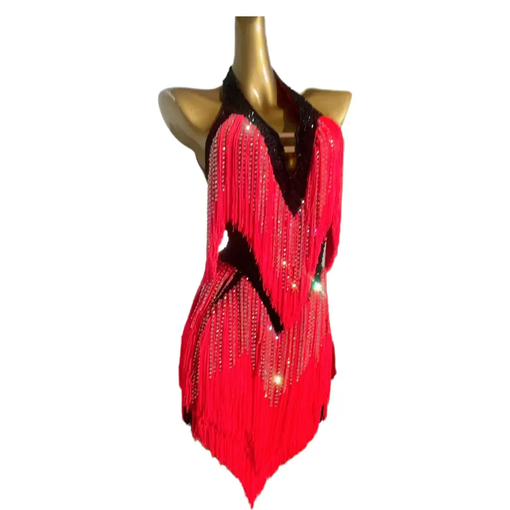 Latin Dance Costume Rhinestone Women's High-end Custom Diamond Strip Stitching Tassel Dress Samba Performance Dress