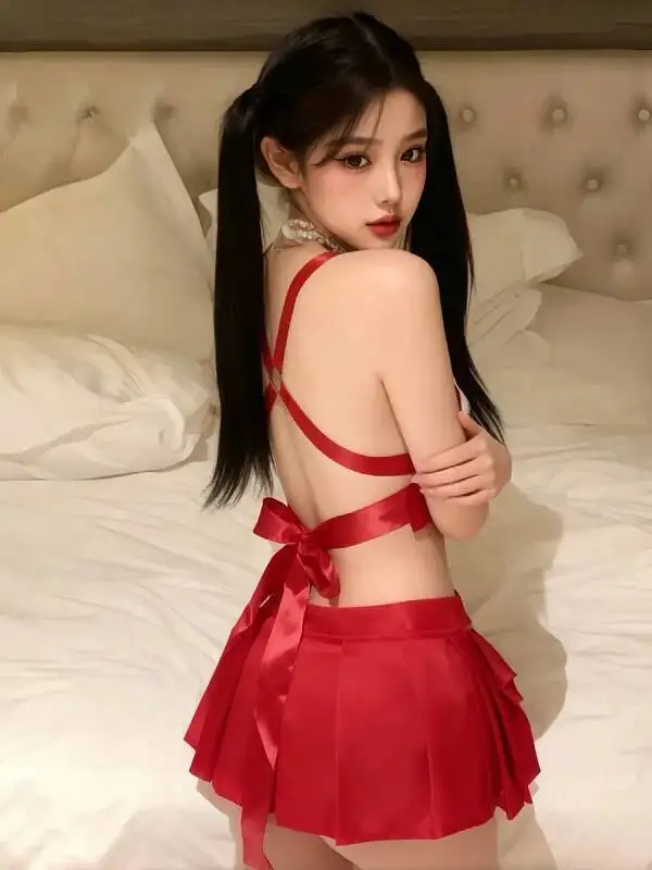 مجموعة موحدة JK لطيف صغير الصدر لينة جرس مثير طالب قصيرة مطوي تنورة عارية الذراعين العميق الخامس الحمالات أكمام تنورة مجموعات X5DM