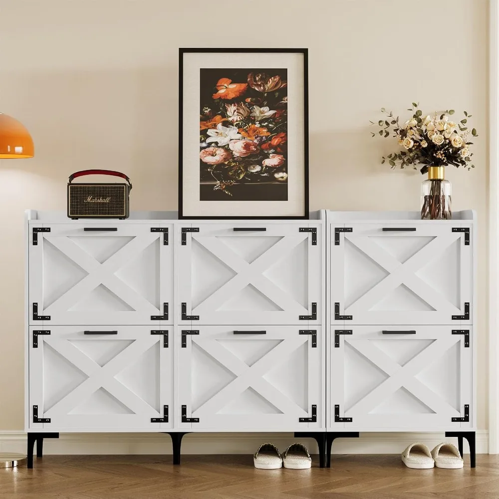 

"70" Farmhouse Shoe Cabinet - 6 Flip-Drawer 2-in-1 Organizer with Barn Door & Metal Legs, Freestanding for Entryway (White)"