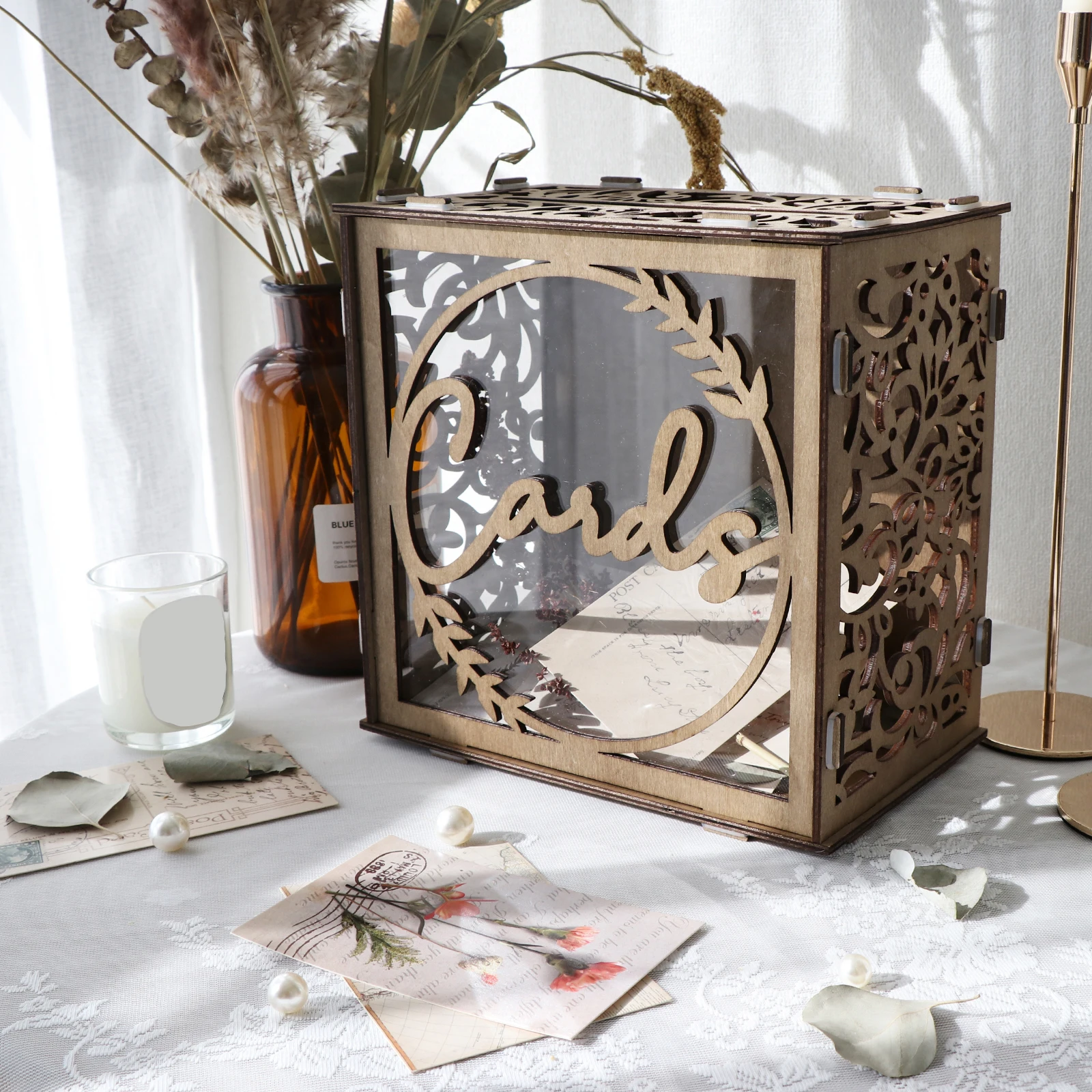Boîte à cartes de mariage en bois pour réception, boîte à cartes-cadeaux rustique avec fente et fenêtre en acrylique, boîte à enveloppes et cartes vintage