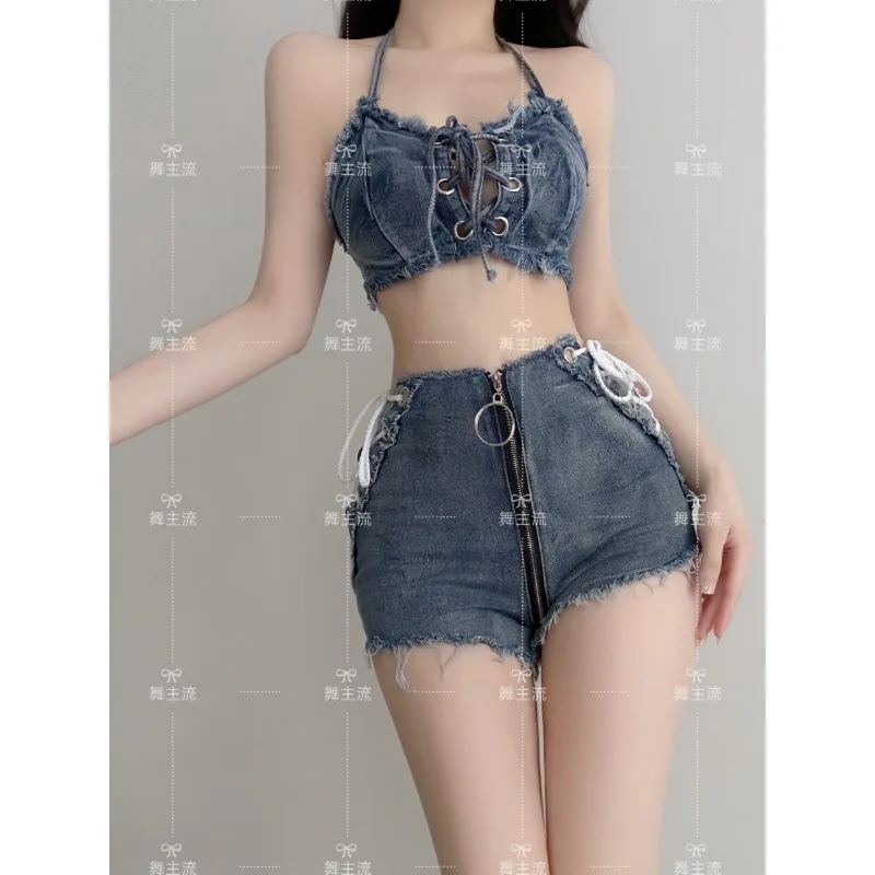 customized Bar sexy dance costume DJ jazz dance GOGO leading stage DS performance costume sexy denim vest shorts set