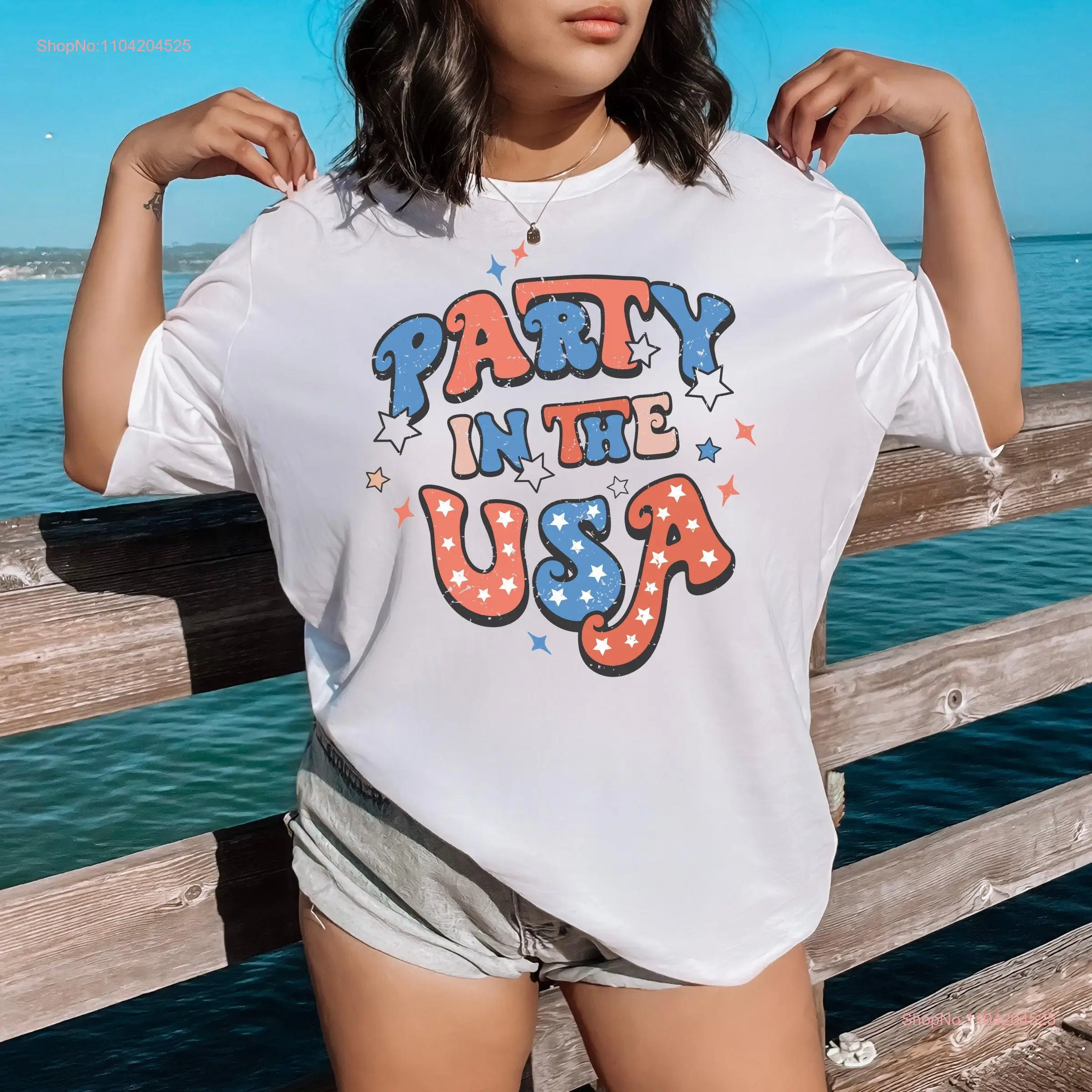 Party in the USA T Shirt Memorial Day Women's Independence 1776 4th of July Retro long or short sleeves