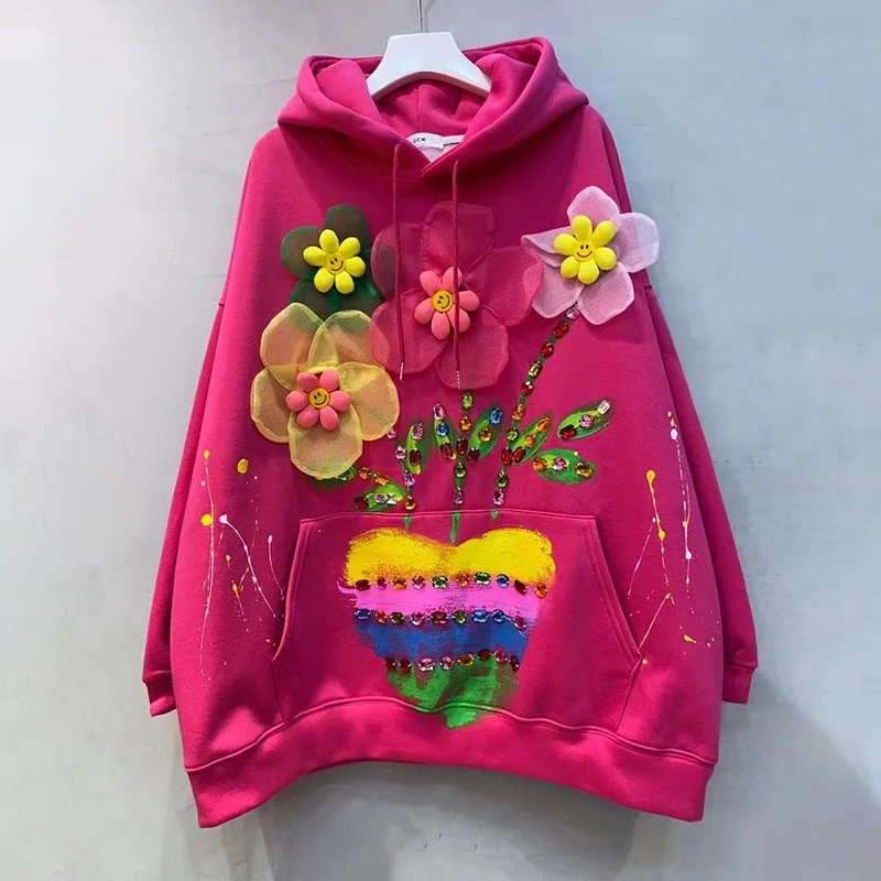 Thailand Fashion 2024 Autumn New Graffiti Personality Flowers Black Sweatshirt Women Loose Mid-length Hooded Coat Jacket Female