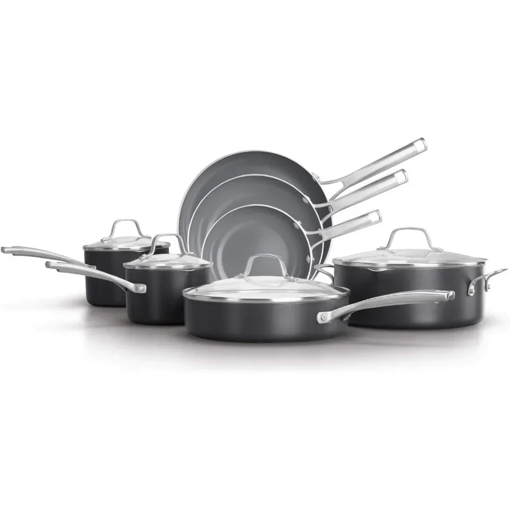 11-Piece Pots and Pans Set, Oil-Infused Ceramic Cookware with Stay-Cool Handles, PTFE- and PFOA-Free, Dark Grey