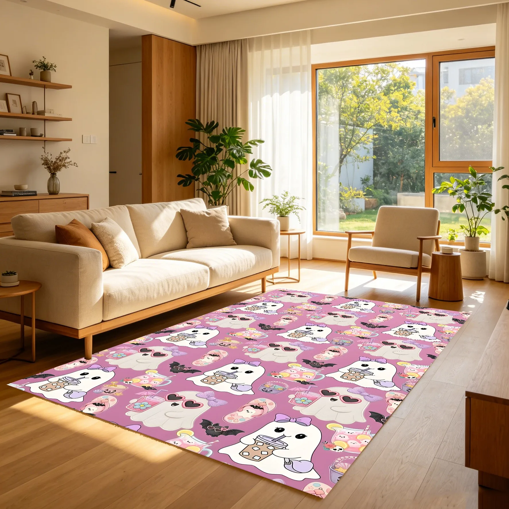 2D Carpet Pink Foundation Ghost Bat Print Sweet Cute Y2K Style Soft Adorable Eye Catching Halloween Playful Festive Atmosphere