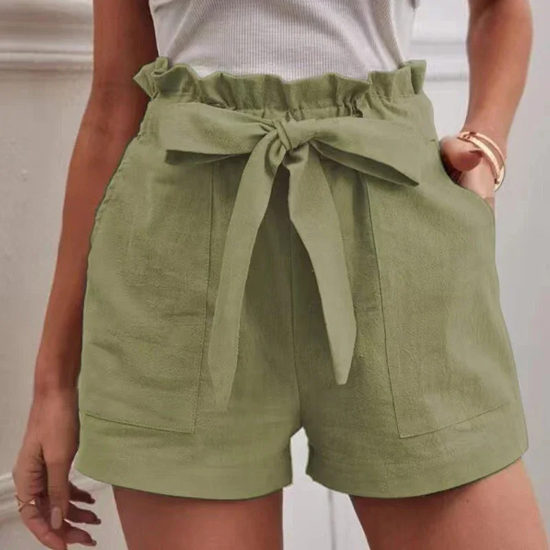 

New Summer Women Casual Loose Linen Shorts with Pocket Fashion Sweet Bow Solid Color High Waist Wide Leg Shorts 80253