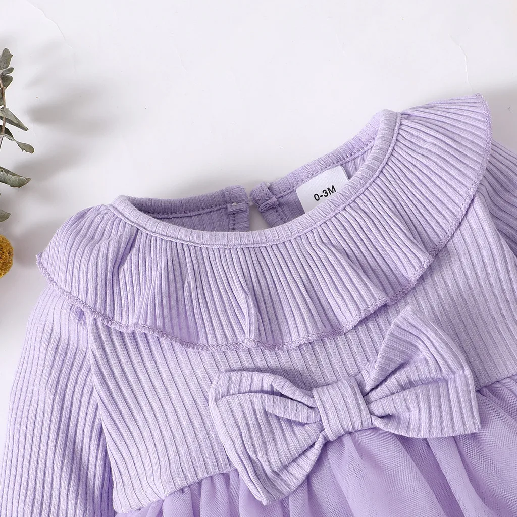 Newborn Baby Girl Spring&Autumn Bodysuit Dress Purple Lovely Long Sleeve Jumpsuit with Bow Mesh Dress for Infant 0-18 Months