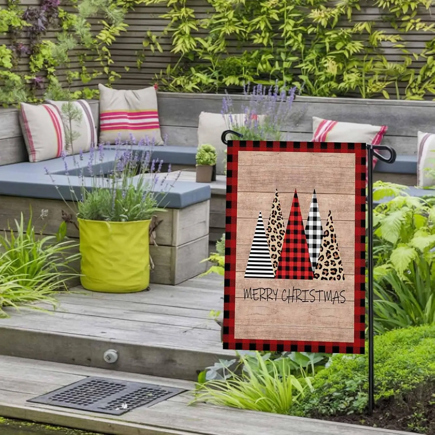 Merry Christmas Words on Wood Board Garden Flags 28x40 Inch Double Sided Welcome Yard Flags for Outdoor Decor Leopard Print  IIC