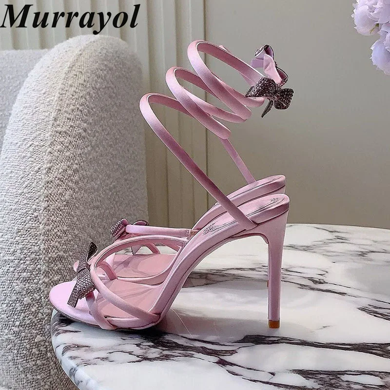 Bling Rhinestone Sandalias Bow-Knot Decor Thin High Heels Women Snake Shaped Elastic Strap Sandals Summer Party Fairy Shoes