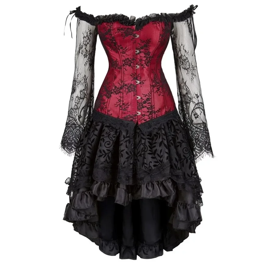 Women Sexy Embroidery Floral Off-Shoulder Lace Sleeves Corset Top Burlesque Bustier Lingerie Vintage Gothic Skirt Asymmetrical