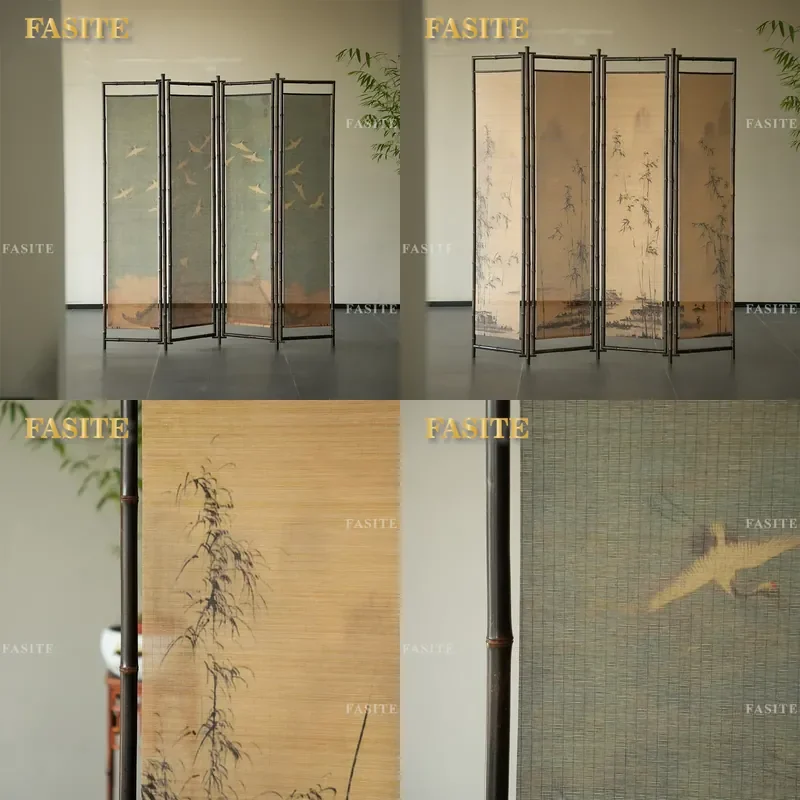For Classical Purple Bamboo Ruihe Picture Filament Screen Chinese Partition Folding Mobile Divider for Tea Room Entrance