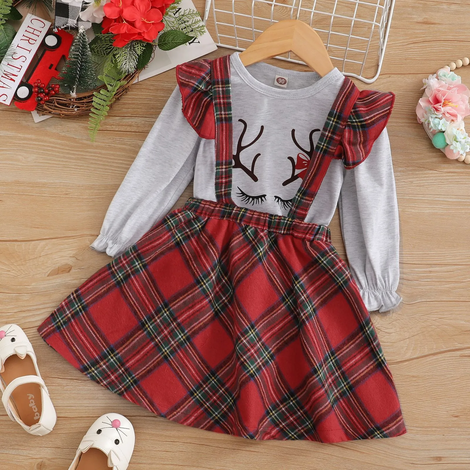 3 6 12 18 Months Christmas Newborn Baby Girls Clothes Sets Long Sleeve Tops Plaid Skirt Headband Xmas Costumes 2Pcs Outfits