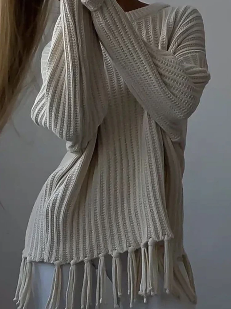 

Women's Fashion Thick O-neck Sweater Autumn Elegant Tassel Splicing Knitted Tops Winter Casual Long Sleeve Solid Color Pullover