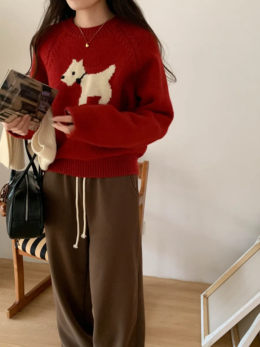 Ropa Para Mujer Cute Dog Pattern Sweater Women Red Crew Neck Long Sleeve Pullover Jumper Kawaii Cartoon Knitwear Warm Winter Top