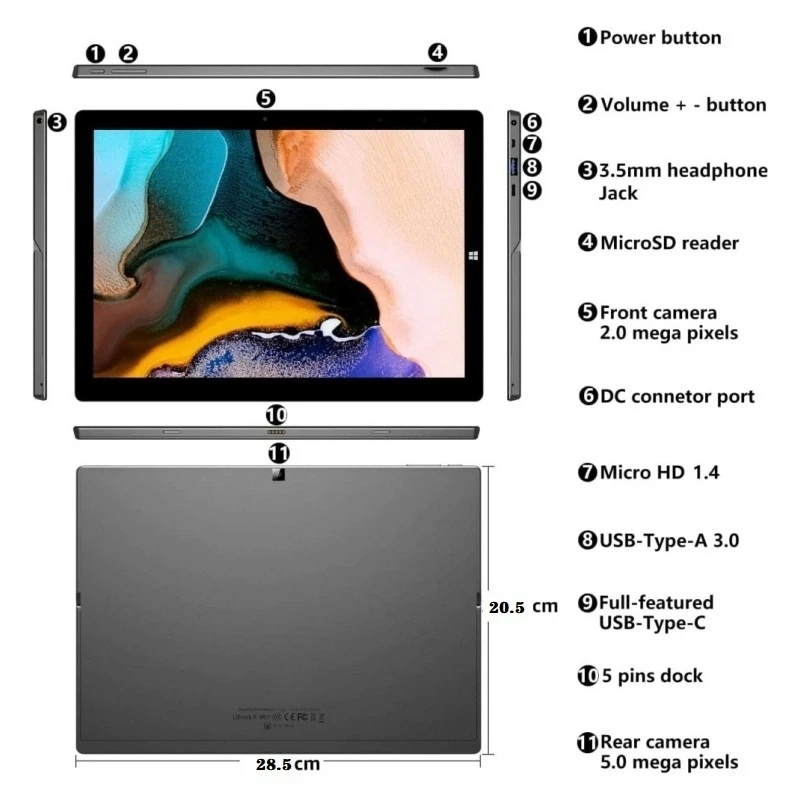 CHUWI UBook-tablet 12 "Windows 11 Intel Celeron N4120 LPDDR3 8GB RAM 256GB SSD ROM 2K IPS-scherm 1 x USB-A 3.0