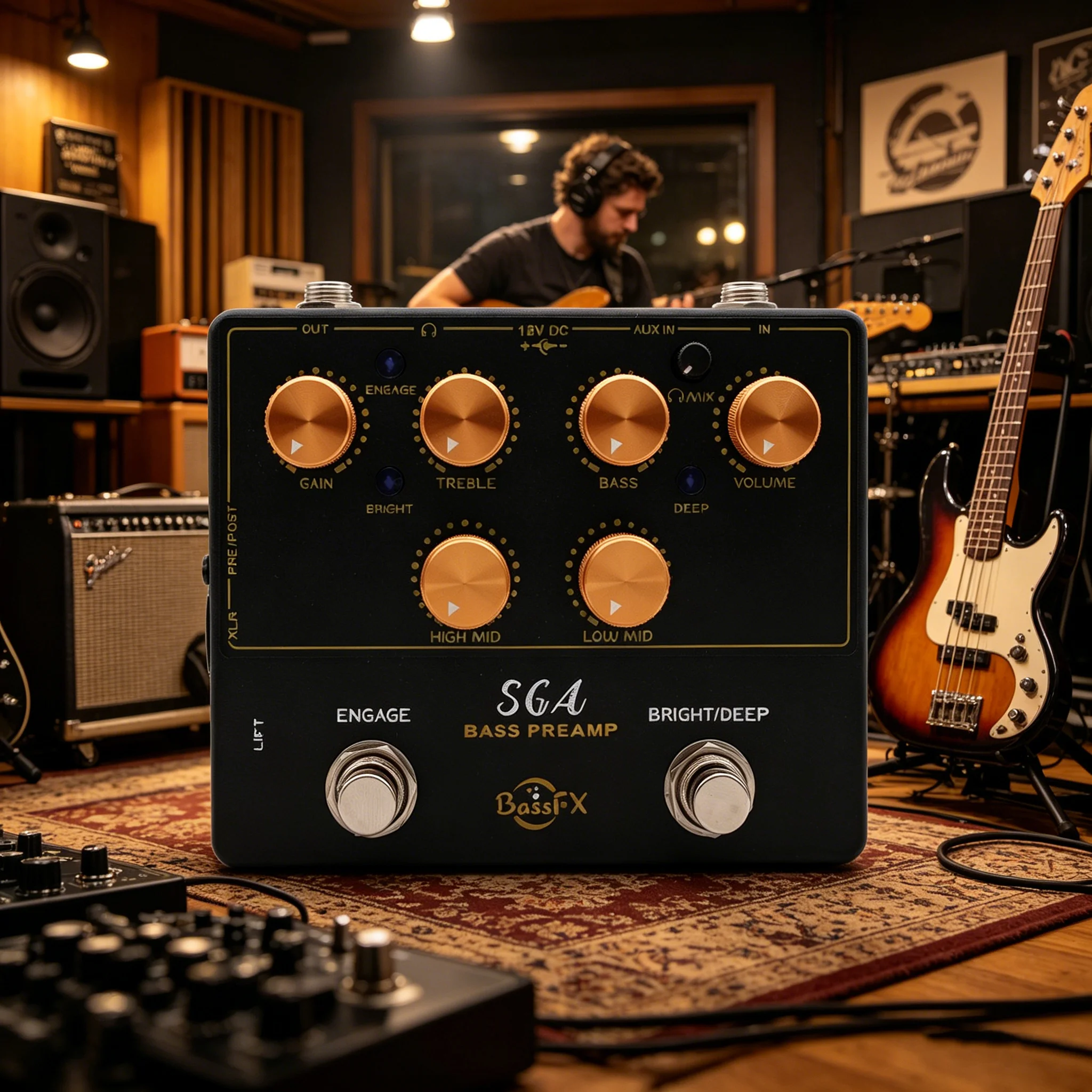 Fanmuzk BASS ANALOG PREAMP+DI+ Headphone Out And Aux-In Bass Preamp/Direct Box Highly Flexible Tone SAG Bass Effects Pedal