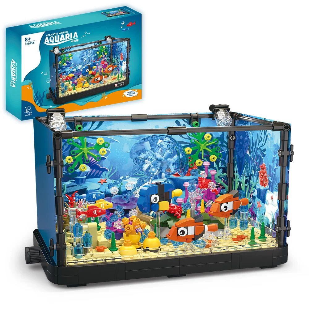 Fish Tank Block Set with Lights, Aquarium, Marine Life, Shark Eco Tank, Block Playset for Kids 6+ Years, Gift for Ocean Lovers