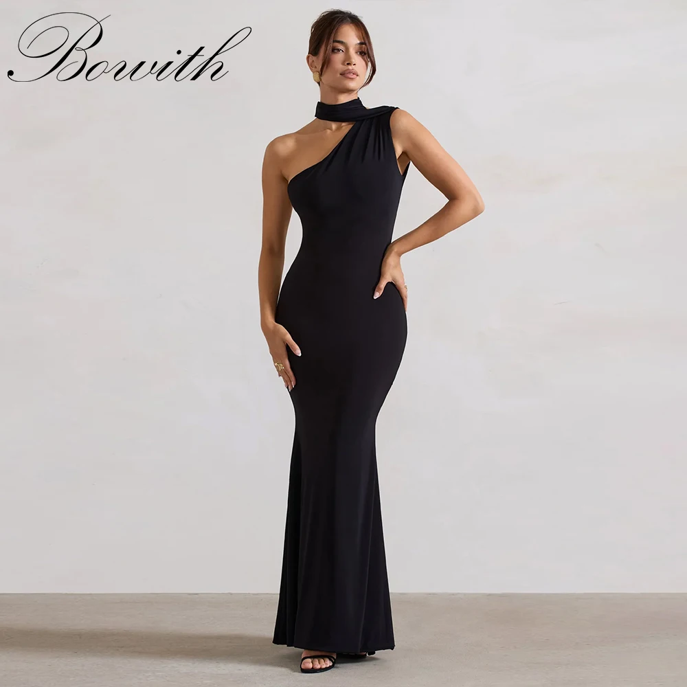 

Bowith Mermaid Elegant Evening Dresses One-Shoulder Sleeveless Party Dresses Black Simple Backless Prom Dresses Customized