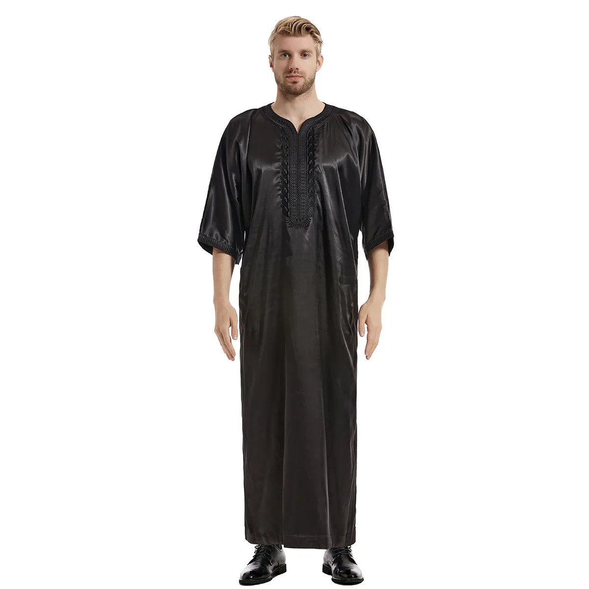 Muslim Robes Men Jubba Thobe Short Sleeves Solid Color Satin Breathable Islamic Traditional Clothing Saudi Arabia Kaftan Abaya