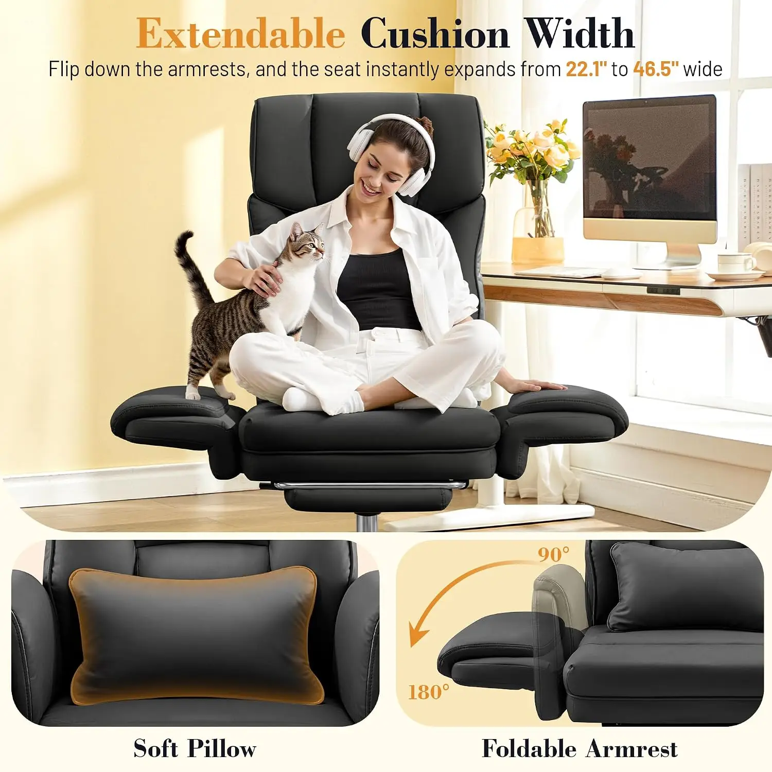 Flip Armrests Office Chair for Criss Cross Legged Sitting, Ergonomic Home Desk Seat, Black, Customized