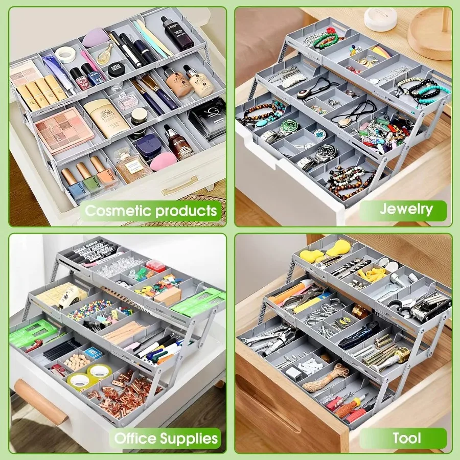 Organizer do szuflad z 3 poziomami, rozszerzalny organizer do szuflad, wielopoziomowy inteligentny organizer do szuflad na kosmetyki, biżuterię, do biurka, biura, do przechowywania.