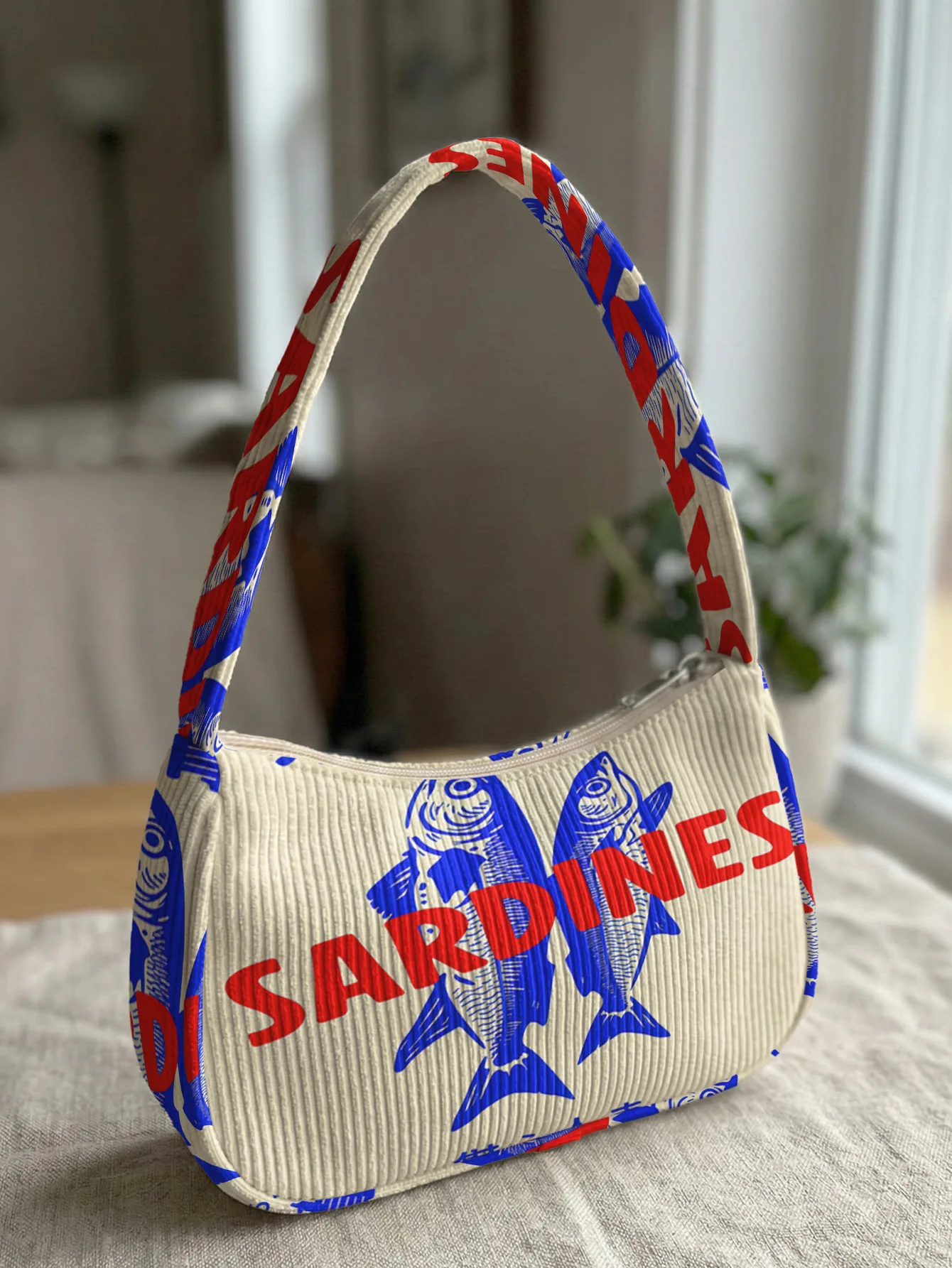 Trendy Sardine Print Shoulder Bag, Corduroy Underarm Bag for Daily Casual Use