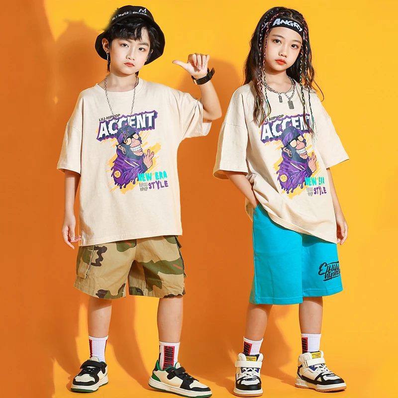 Girls Boys Jazz Dance Costumes Kids Hip Hop Clothes Short Sleeved Top Camouflage Shorts Kpop Outfit Street Dancewear SL7077