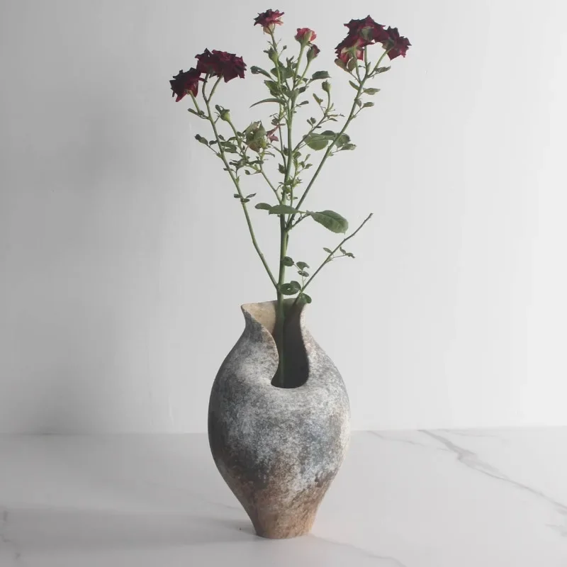 Ceramic Vase Rustic Gradient Speckled Stone Glaze Handmade Wabi Sabi Sculpture Hydroponics Vase Tabletop Dried Flower Decor