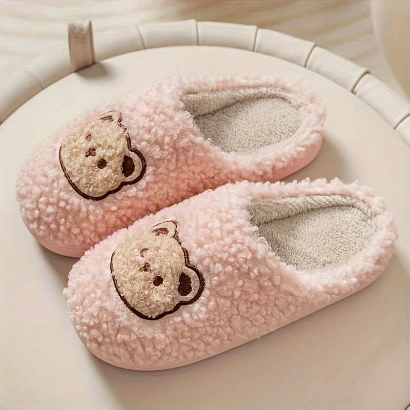 Cute Bear Winter Plush Slippers, Closed Toe Slip On Flat House Shoes, Cozy & Warm Home Floor Slippers