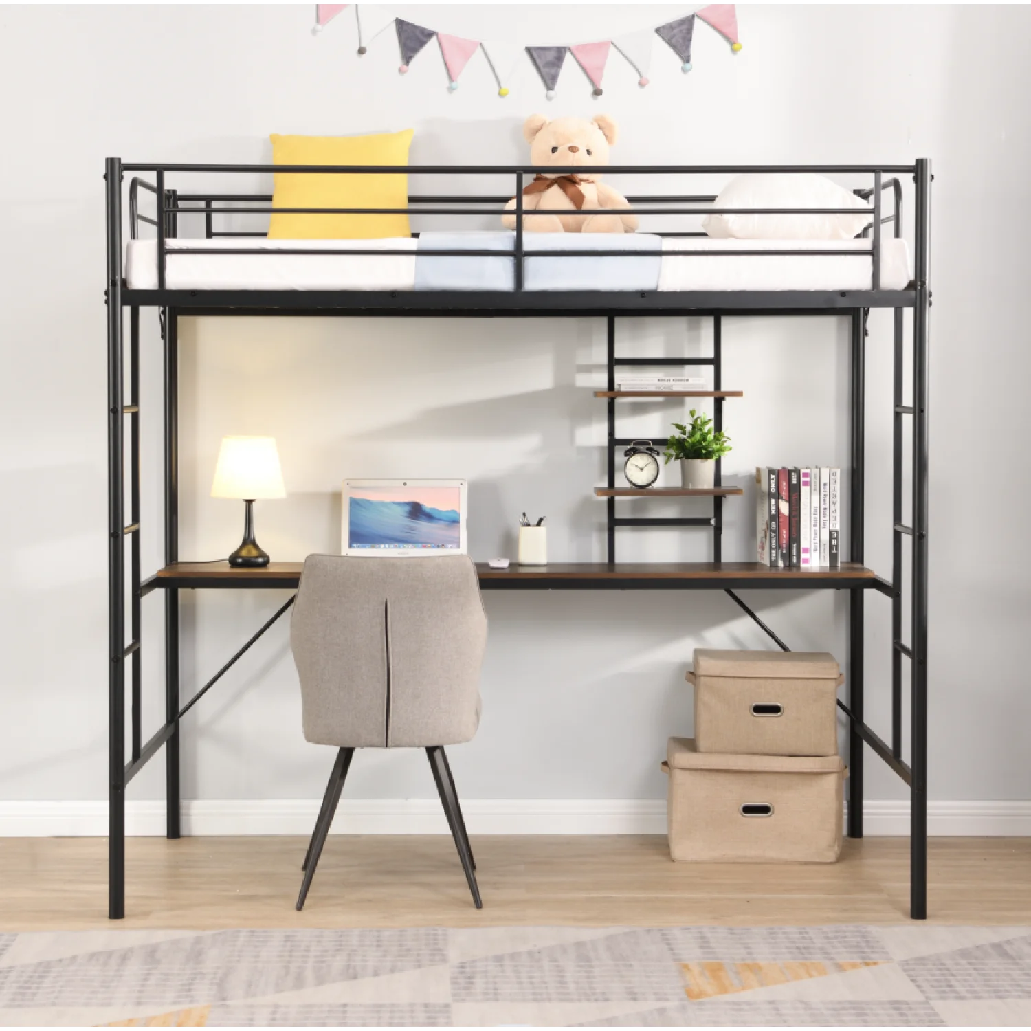

Metal Twin Loft Bed with Desk and Storage Shelves - Space-saving, Practical Design