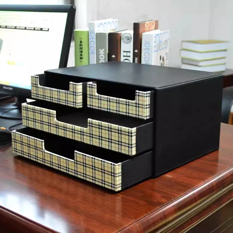 Synthetic Leather Storage Box, 4-Drawers, Black or Brown Wooden Organizer, Documents Holder, A4 for Home and Office