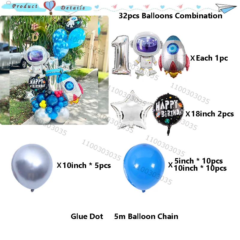 32pcs Blue Silver Latex Balloons Garland Kit Astronaut Rocket Balloons Garland Kit Kids Boys Birthday Party Decorations Globos