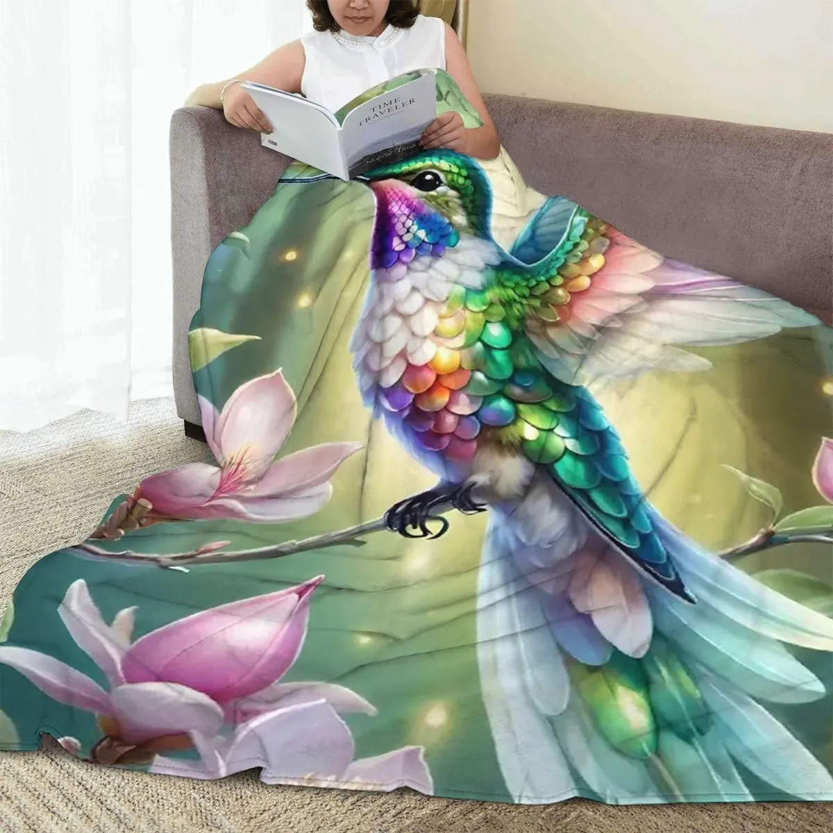 Hummingbird Floral Print Flannel Throw Blanket, Reversible Digital Printing, Soft Comfortable Home Decor Couch Blanket