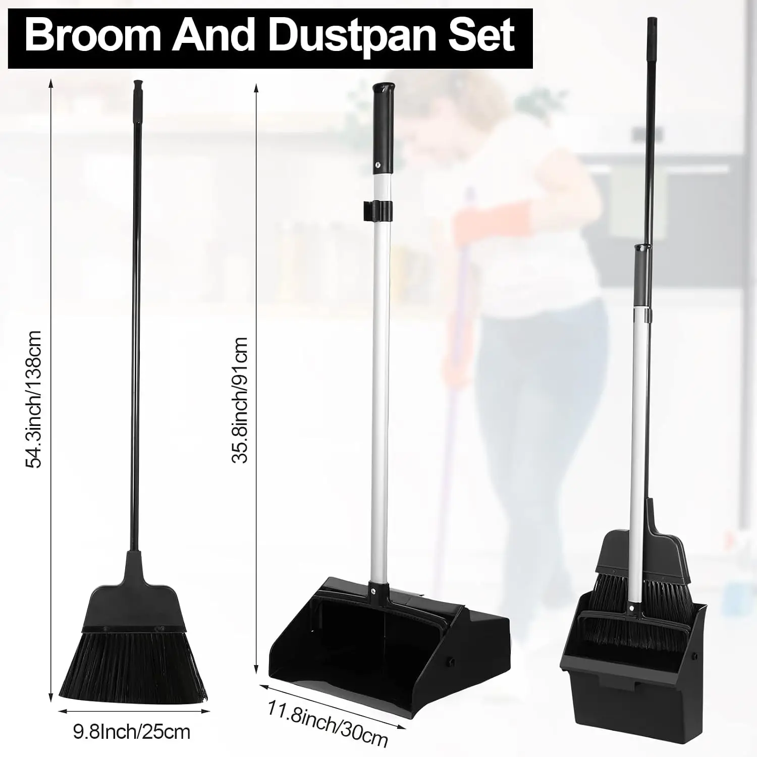 Mumufy 5 Set Lobby Dustpan with Broom Set Lobby Upright Dust Pan and Broom with Long Handle Heavy Duty Commercial Dustpan Combo