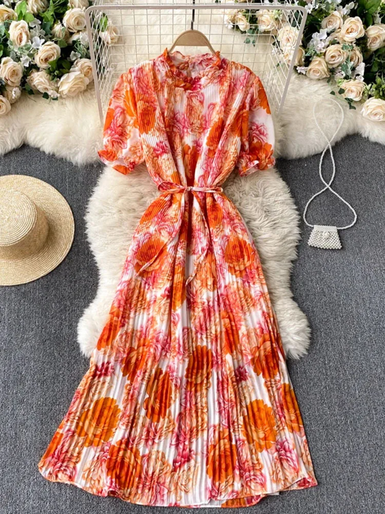 Summer Seaside Vacation Tropical Print Female Fungus Round Neck Short-Sleeved Lace-Up Waist Slim Midi Dress C545