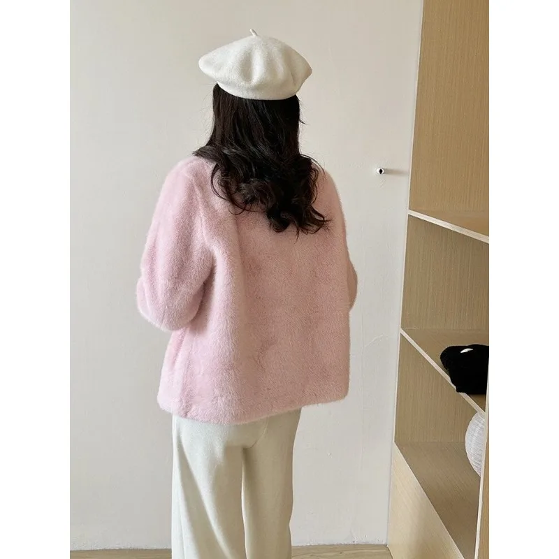 Women Anti-season Round Neck Small Fragrant Wind  Mink Plush Coat  Short Simple Fashion Thickened Faux Fur Coat Young Models