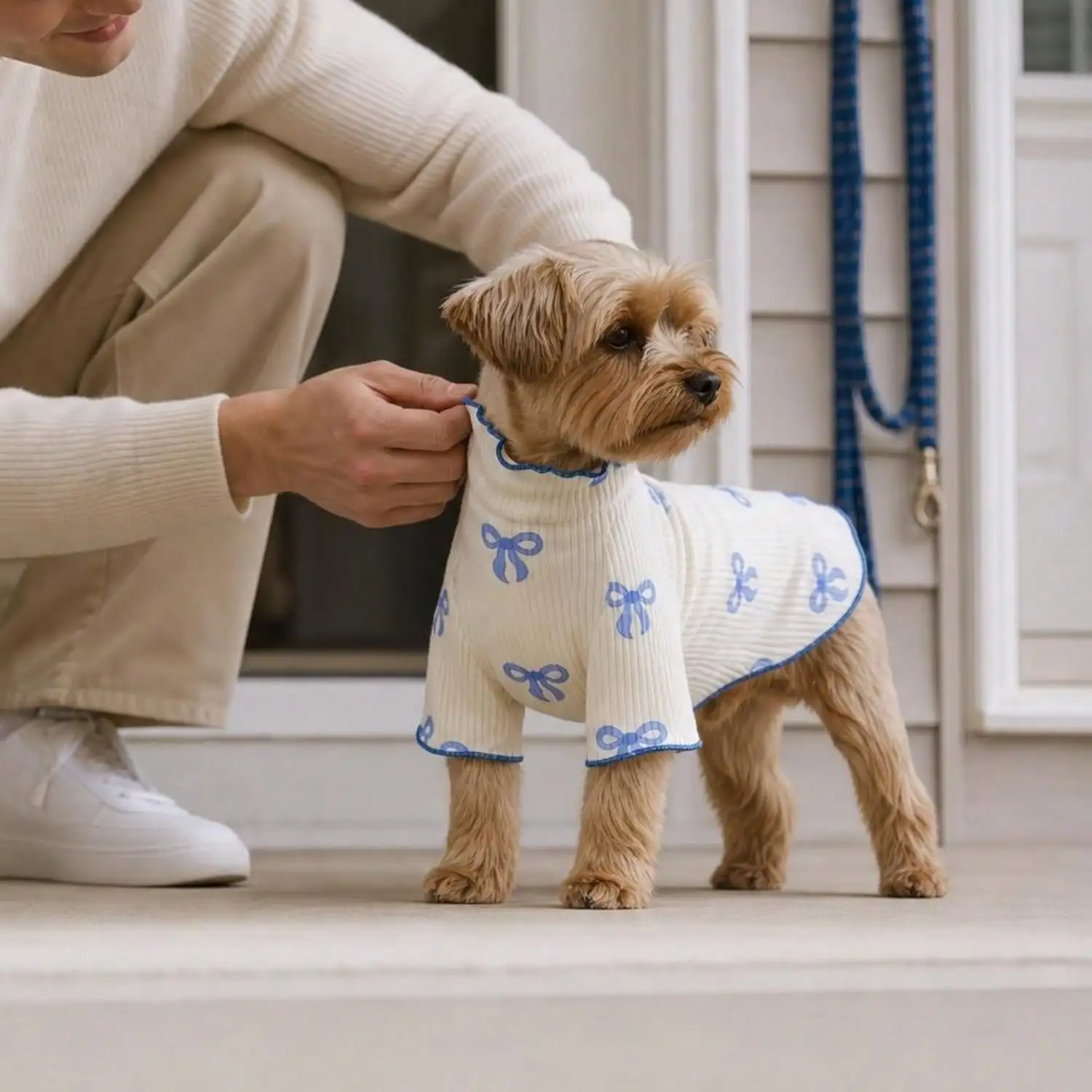 Geripptes Haustier-T-Shirt mit Herz- und Schleifendruck und Rüschenbesatz für kleine Hunde und Katzen – Detail 26