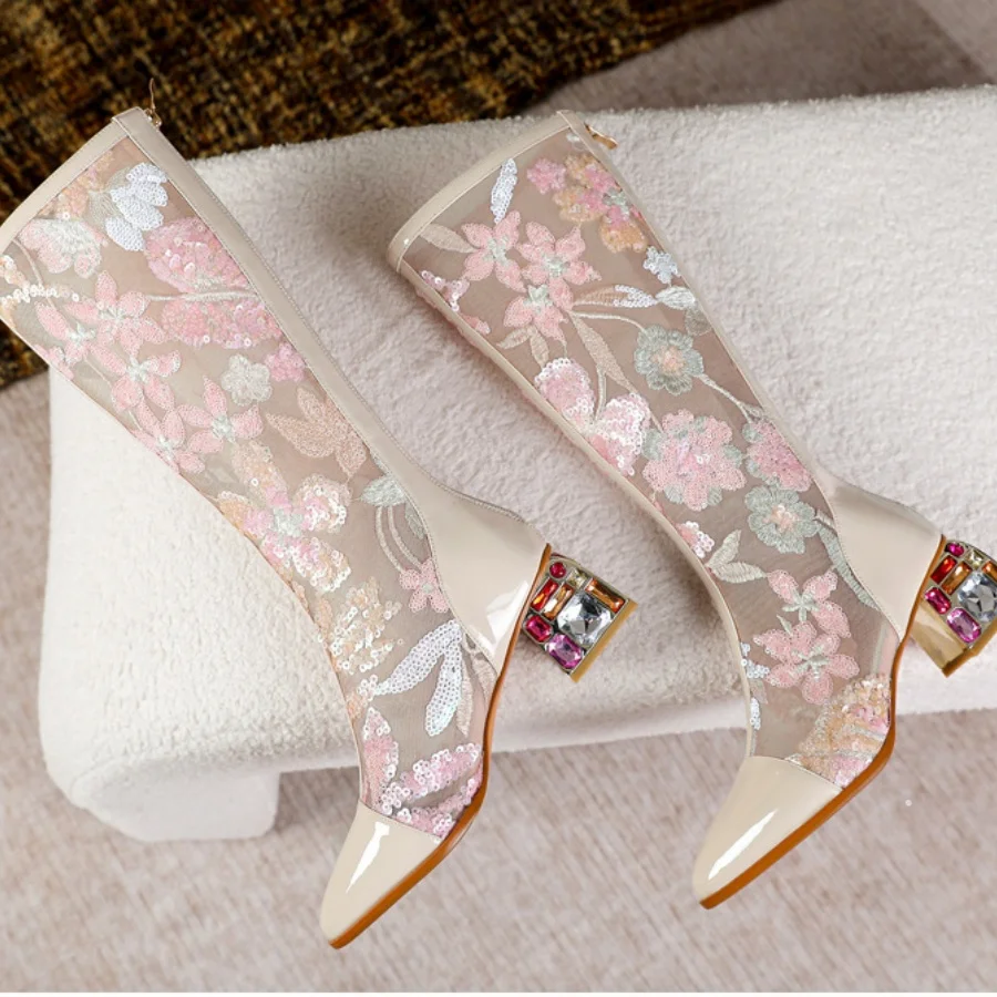 Women Ethnic Style Sequin Embroidered Mesh Knee High Boots Pointed Toe Rhinestone Block High Heel Back Zipper Summer Dress Boots