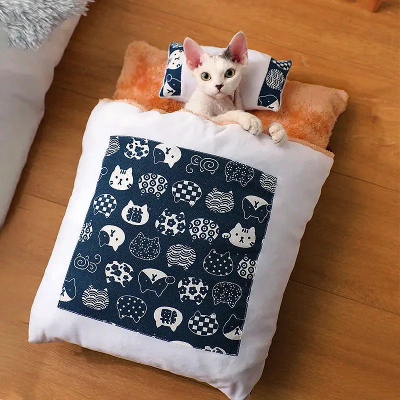 Cueva japonesa para dormir profundo para gatos y perros, saco de dormir cálido, casa extraíble para mascotas, cojín nido con almohada, invierno