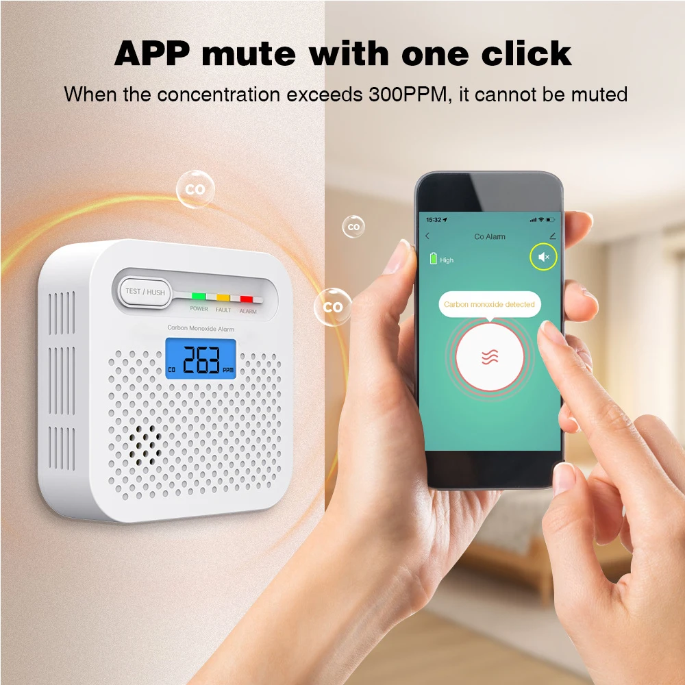 LELLKI WiFi Smart Carbon Monoxide Detector CO Alarm 85dB Suara dengan Layar Digital LCD Tuya Smart Life App Remote Control Voice