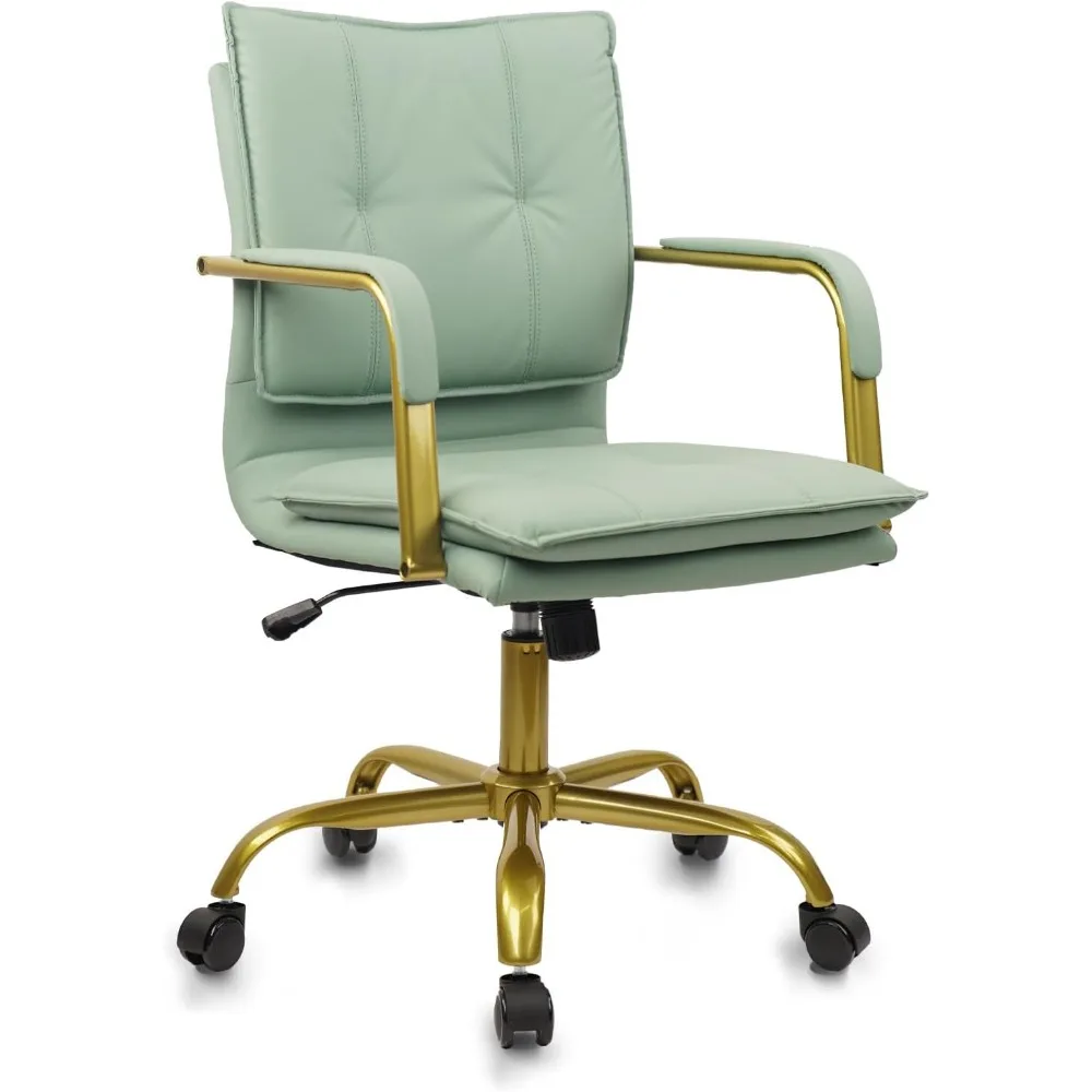 

Leather Home Office Desk Chairs, Swivel Mid-Back Computer Chair with Golden Legs and Arms, Comfy Upholstered Task Chair